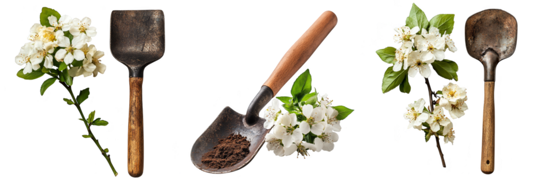 Garden tools and blooming flowers arranged beautifully for horticulture enthusiasts