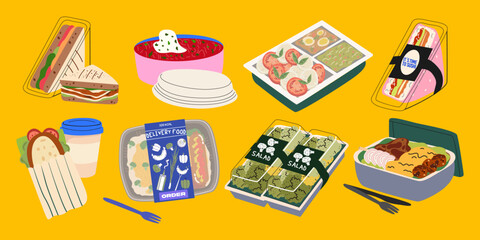 Healthy snacks and food delivery. Sandwich, salad, sushi burger, ready meals, soup, coffee. Plastic packs, lunchbox containers and bags for food to go. Flat vector illustration
