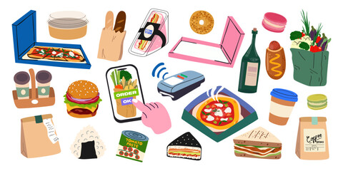 Vector icon collection of delivery food, takeaway lunch, payment methods, delivery service, paper box, packaging. Take out food to home. Fast food delivery cartoon retro stickers