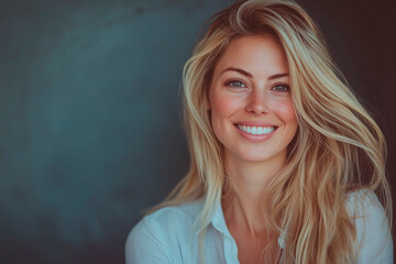 a successful 30 year old woman business blonde trainer, captured in a studio, she is dressed in light color, smile, image is perfect for personal branding, corporate photo