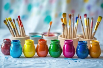 Vibrant jars of colorful paint arranged in a row with paintbrushes in the background on a creative workspace. Copy space