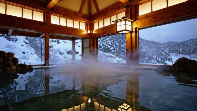 Traditional Ryokan Onsen: A Serene Outdoor Hot Spring in a Snowy Winter Wonderland