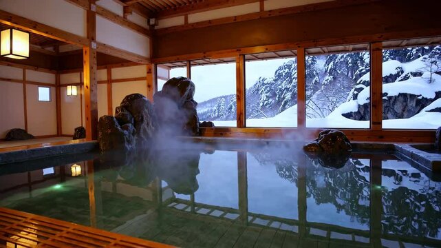 Traditional Ryokan Onsen: A Serene Outdoor Hot Spring in a Snowy Winter Wonderland