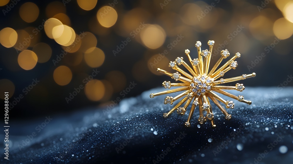 Poster a celestial starburst pin in gold with tiny embedded diamonds, floating on a deep navy surface