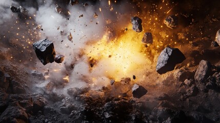 A powerful explosion occurs in a deep underground mining site, sending shockwaves through rocks and generating dust clouds. Debris is propelled in all directions as rocks scatter violently