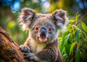 Fototapeta premium Adorable Sleepy Koala Resting in Eucalyptus Tree - Australian Wildlife Stock Photo