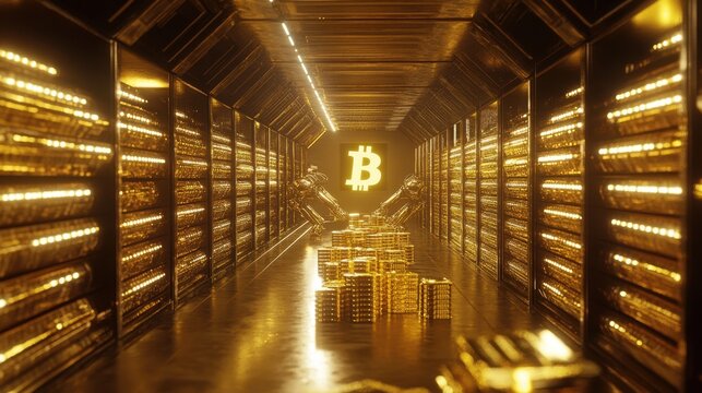 Brightly lit underground vault showcases rows of gleaming gold bars and digital currency. The atmosphere exudes a sense of wealth and security in its expansive design