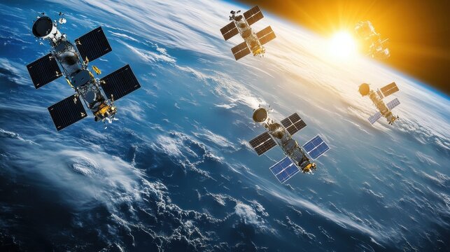 Multiple satellites are positioned gracefully in low Earth orbit as the sun rises on the horizon. This captivating view highlights the beauty of space exploration and technology