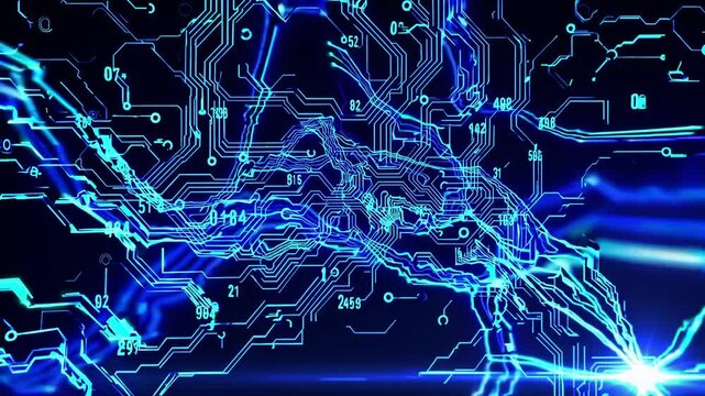 Digital Neural Network: Abstract representation of a neural network, with glowing blue lines and nodes forming intricate patterns resembling a circuit board.