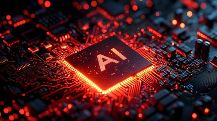 Glowing Red CPU on Circuit Board Close up of Technology