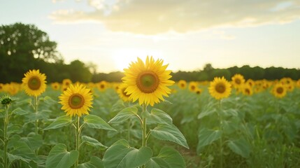 Bright sunflowers in vast field basking in warm sunset glow evok