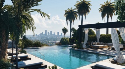 This Hollywood Hills villa features a beautifully designed outdoor space with a sparkling pool, surrounded by lush palms and offering breathtaking views of the Los Angeles skyline