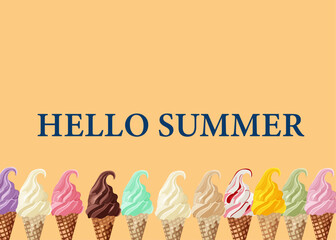 Banner for Summer with different ice cream on yellow background, Vector illustarion for 