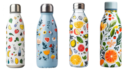 Colorful decorative water bottles with fruit and flower patterns in modern style