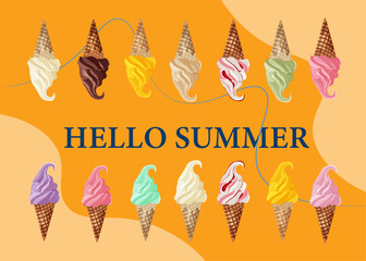 Banner for Summer with different ice cream on yellow background, Vector illustarion for posters, web, banner and packaging.
