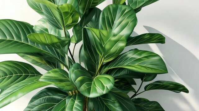 A fiddle leaf fig's rich foliage stands out against a bright, minimalistic space with a light wall backdrop