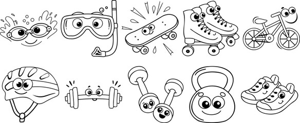 Cute Sports and Fitness Equipment with Smiley Faces