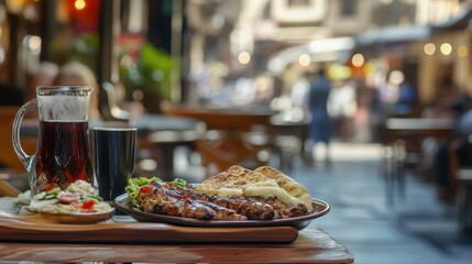 Fototapeta premium Lively market cafe in Istanbul features a delicious spread of grilled meats, bread, and salad. Diners enjoy the bustling ambiance and fragrant aromas of Turkish cuisine