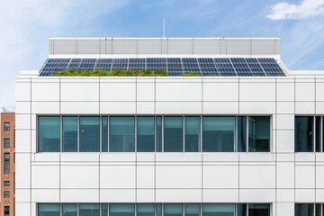 Obraz premium Modern building with solar panels and a green roof. Sustainable architecture.