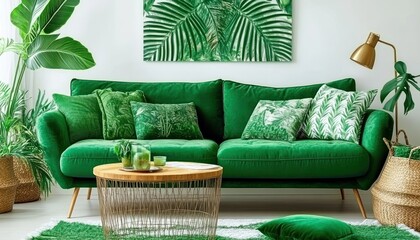 Green Velvet Sofa Living Room Tropical Decor