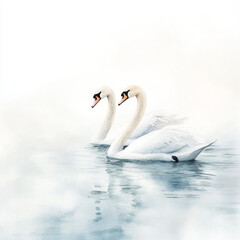 Fototapeta premium Two elegant swans gracefully glide in water, reflecting serenity