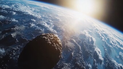A massive asteroid rotates as it drifts toward Earth, casting a shadow over clouds while sunlight creates a dramatic effect in the sky. The view showcases the vastness of space