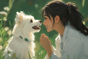 Friendly female veterinarian gently caring for a cute pet in a warm and intimate setting, showcasing love and compassion for animals.