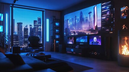 This luxurious smart home features a sleek design with cutting-edge technology, illuminated displays, and a captivating city skyline view at night. Relaxation meets innovation in comfort