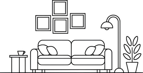 Minimalist Living Room Line Art Vector Silhouette,  Modern Interior Design Illustration.
