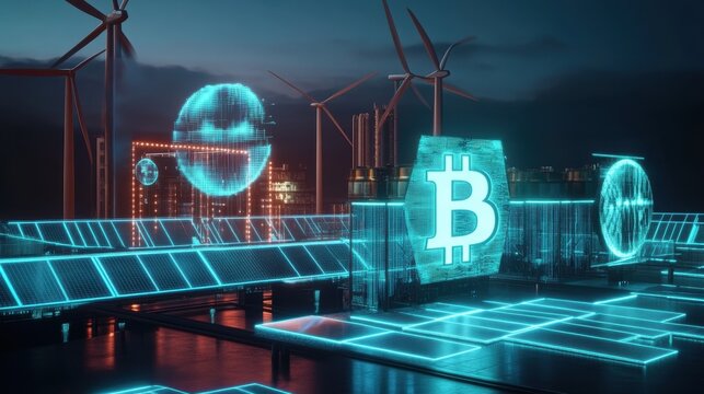This Bitcoin mining facility showcases advanced technology and renewable energy sources under evening skies. Wind turbines stand tall, complementing the vibrant digital displays signaling activity