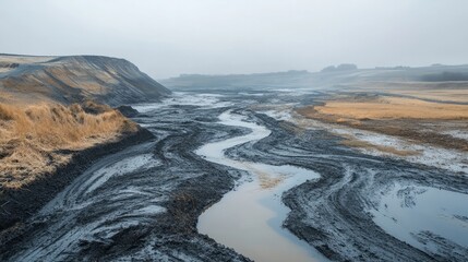 A coal mine with polluted water flowing from it, and the surrounding land scarred and barren