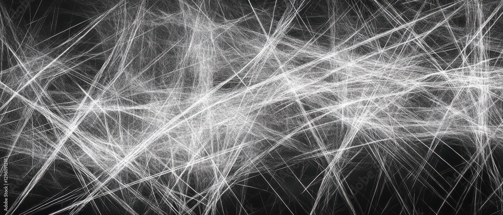 Poster a black and white image of a white line with a lot of dots. the image has a very abstract and chaoti
