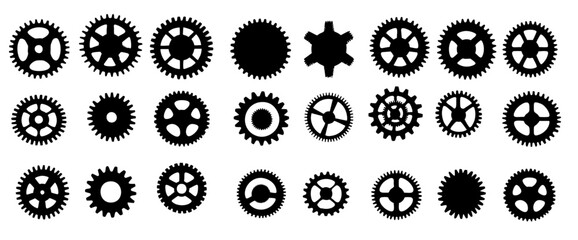 
Simple black vector gear icons, featuring minimal line drawings and flat design elements

