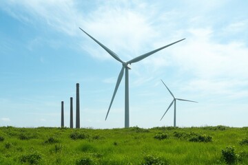 Wind turbines stand tall in lush green field under clear blue sk