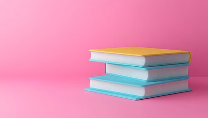 Two vibrant books hover against a gentle pink backdrop, highlighting creativity and education