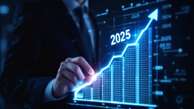 A businessman in a dark suit interacts with a glowing digital graph, drawing an upward trend from 2024 to 2025