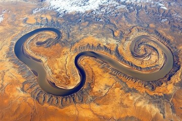 Aerial view of a meandering river carving a unique path through a desert landscape.