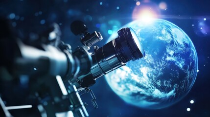 Advanced telescope technology captures data from distant celestial bodies while Earth glows in the foreground, showcasing humanity's quest for knowledge