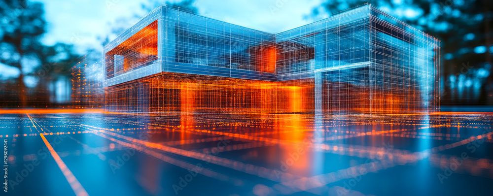 Poster futuristic bim visualization of a modern building structure with digital grid overlay in a virtual e