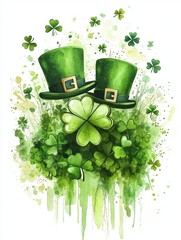 Watercolor-style illustration of green leprechaun hats surrounded by floating shamrocks in a festive arrangement

