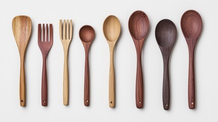 Wooden kitchen utensils on white background. Cooking tools set of spoons and forks.