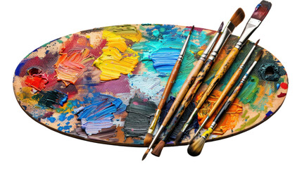 Obraz premium Paintbrushes resting on an artist's palette with vibrant oil paints on transparent background