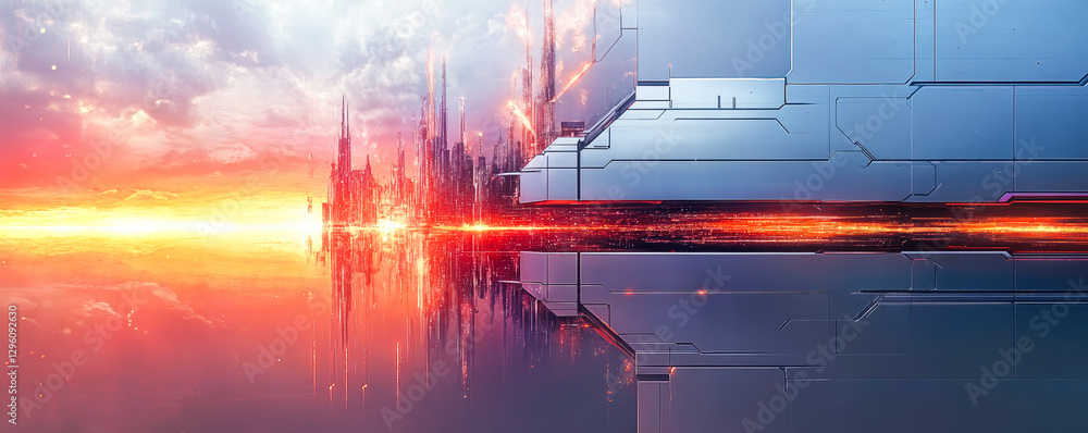 Poster futuristic cityscape with sci-fi architecture featuring sunset reflection and advanced technology el