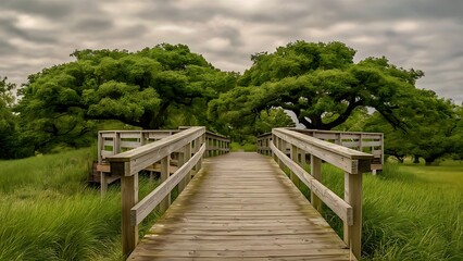 Surface level of wooden walkway and green grass at cloudy day