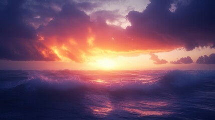 Obraz premium A beautiful sunset over the ocean with a wave in the water. The sky is filled with clouds and the sun is setting