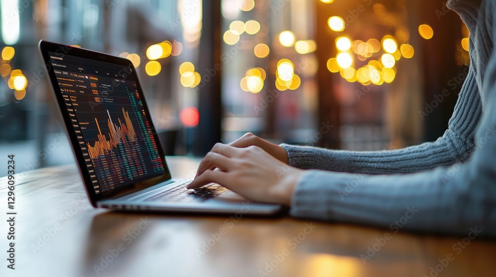 Poster close-up of hands typing on laptop with financial graphs and bokeh lights in a modern cafe setting f
