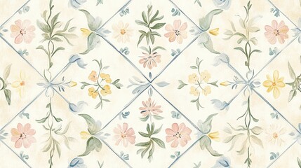 Fototapeta premium Spring-themed Azulejos Pattern With Soft Pastel Floral Motifs and Geometric Design. Generative AI