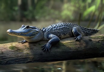 Obraz premium Lifelike Alligator Sunbathing on Log in Tropical Wetland Habitat Surrounded by Lush Greenery and Reflective Water Beneath Warm Sunlight