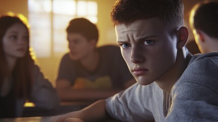 A deaf teenager appears frustrated while trying to engage with classmates in a softly lit classroom. The expressions reflect the struggle for understanding among peers