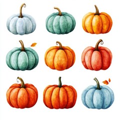 Cheerful October pumpkin patch, fall elements, watercolor illustration, isolated on a white background